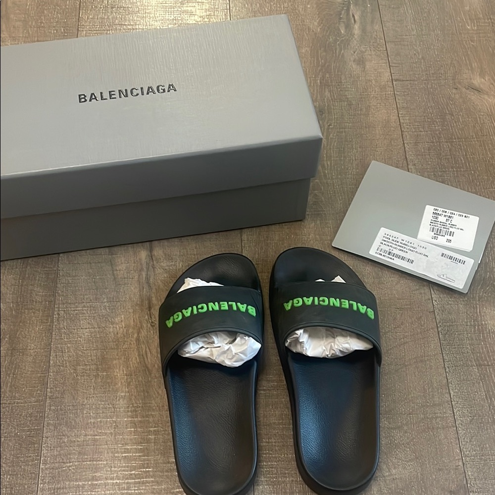 Balenciaga Black and Green Slides